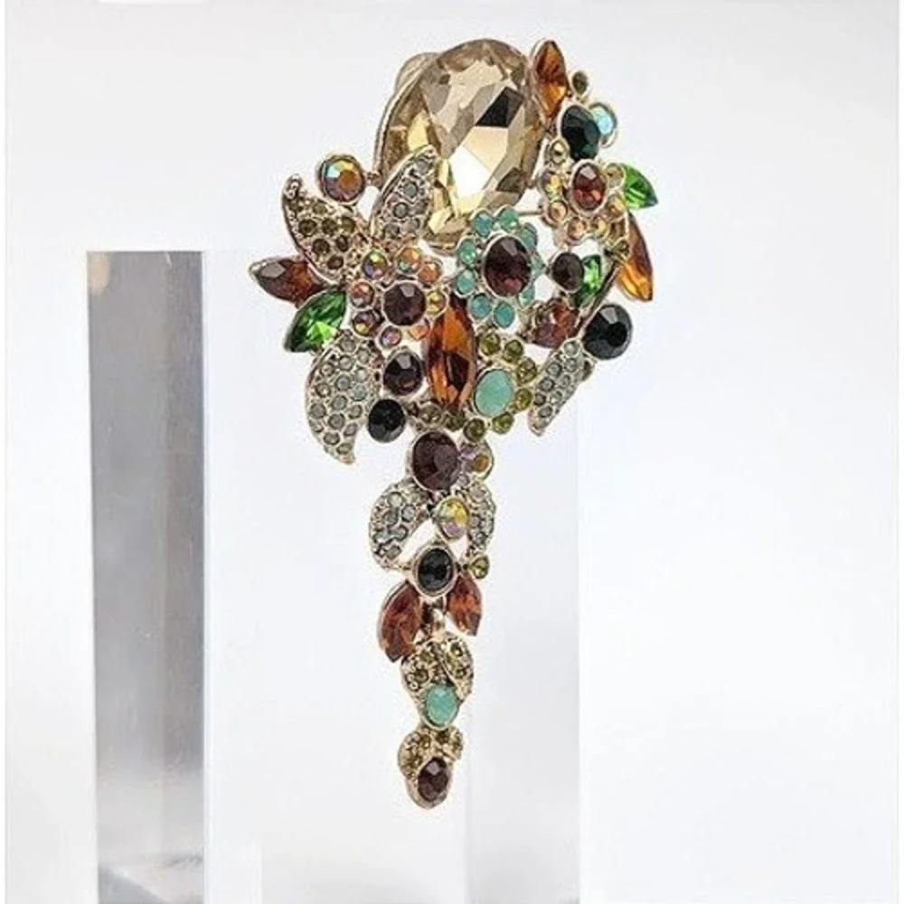 Botanical Rhinestone Brooch Pendant‎ Gold Tone Large Floral Garden Fairy Spring